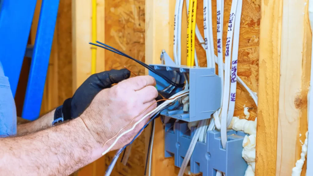 professional electrician connecting wires inside residential construction site