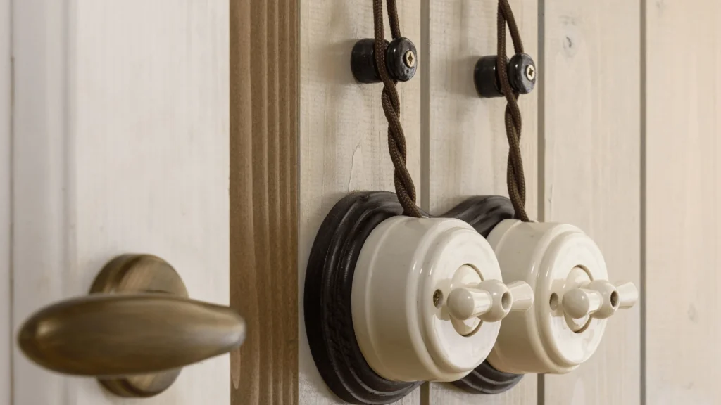 Close-up of knob and tube wiring installation in an older home