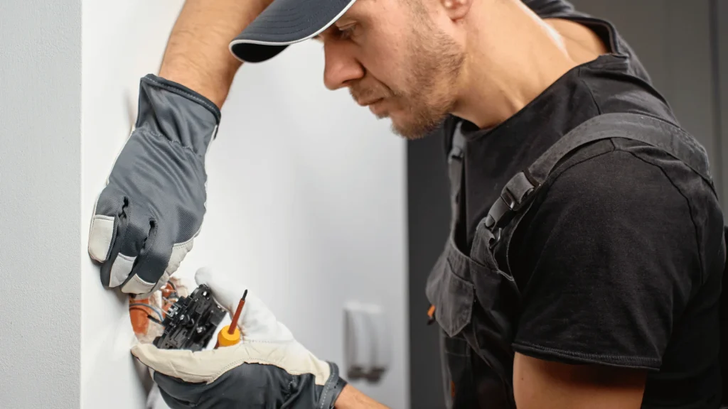 Electrician installing smart home electrical wiring in modern home