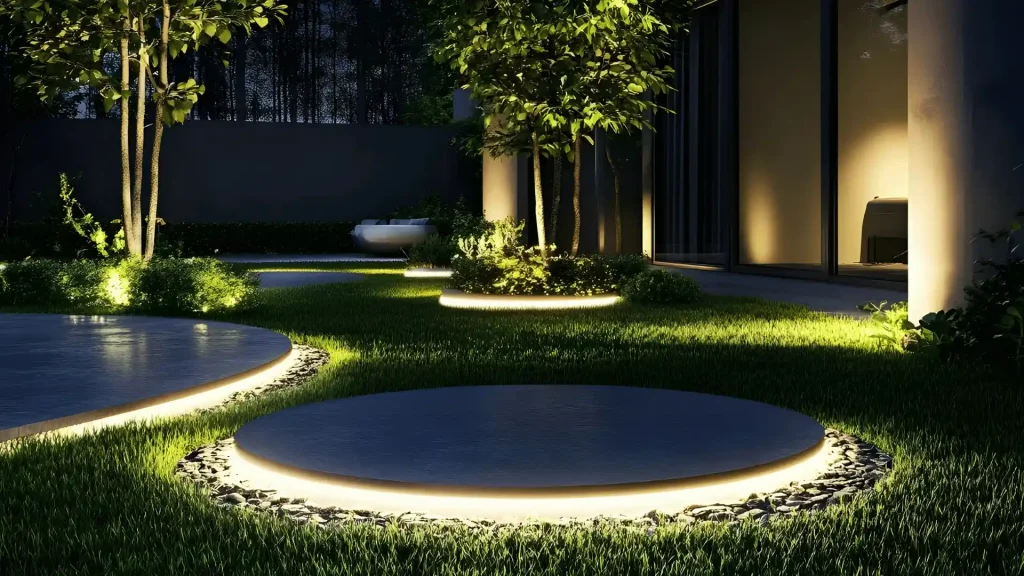 LED landscape lighting illuminating a residential walkway at night