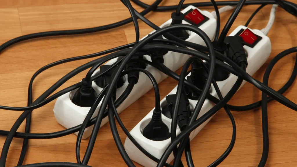 Overloaded power strips and tangled extension cords creating a fire hazard