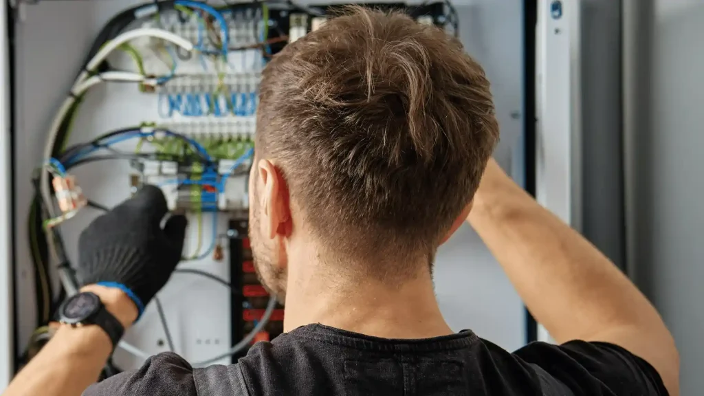 Electrician installing equipment inside a residential electrical panel