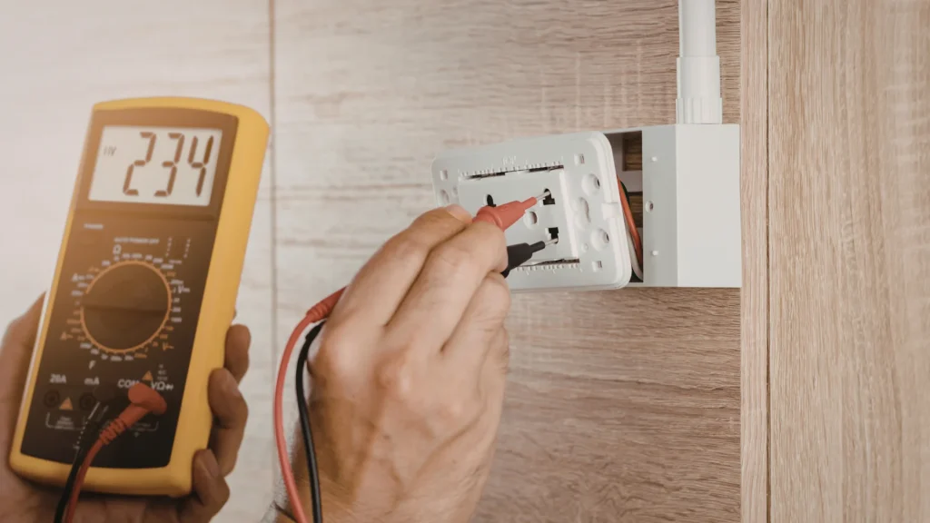 Electrician testing a GFCI outlet in a home