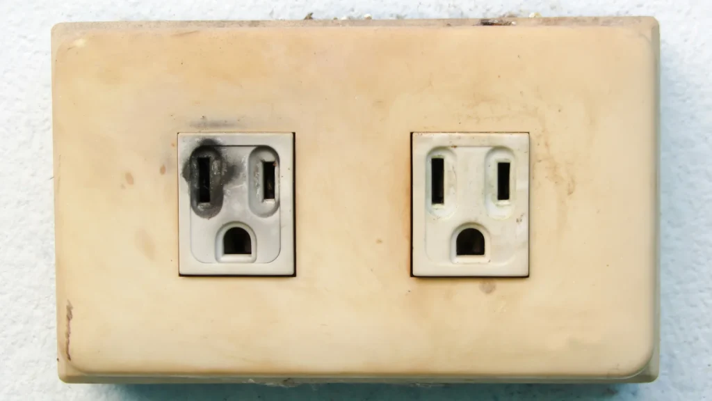 Burned electrical outlet showing signs of overheating