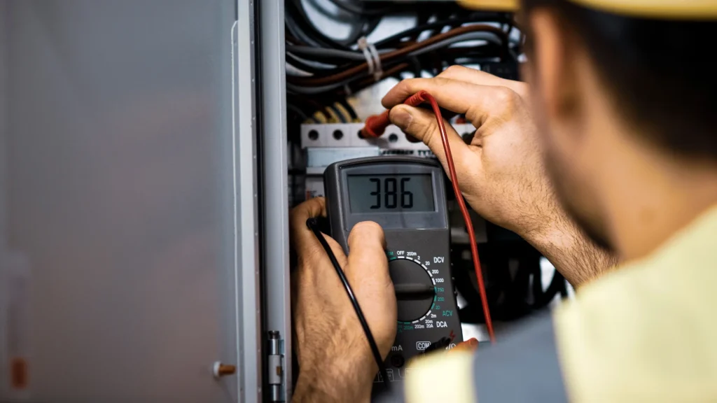 Professional electrician inspecting a home electrical system