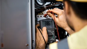 Professional electrician inspecting a home electrical system