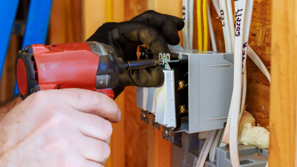 Electrician performing electrical rough-in in a new home